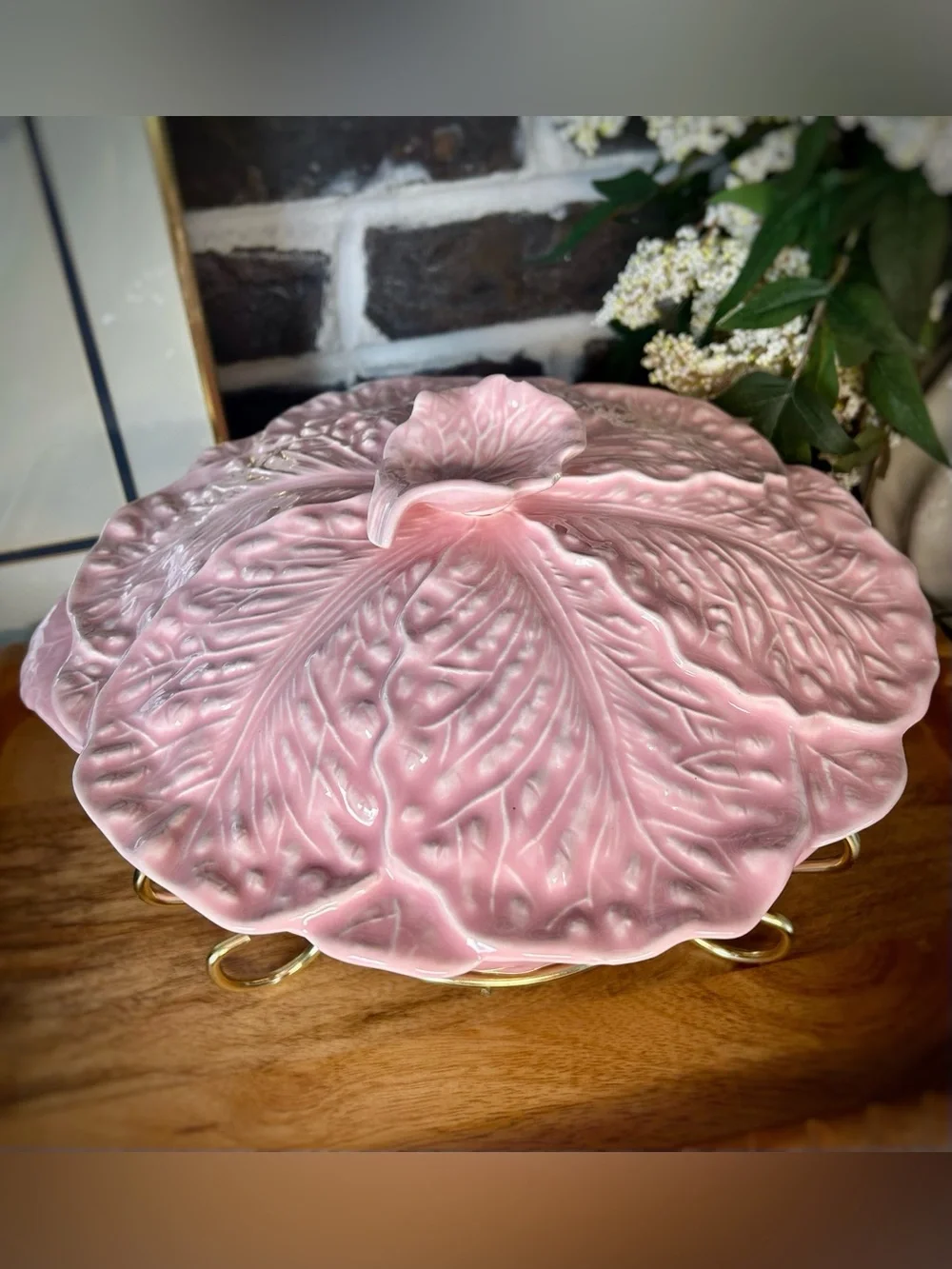 Vintage Pink Cabbage Leaf Casserole Dish with Gold Stand | MCM Miramar Californi